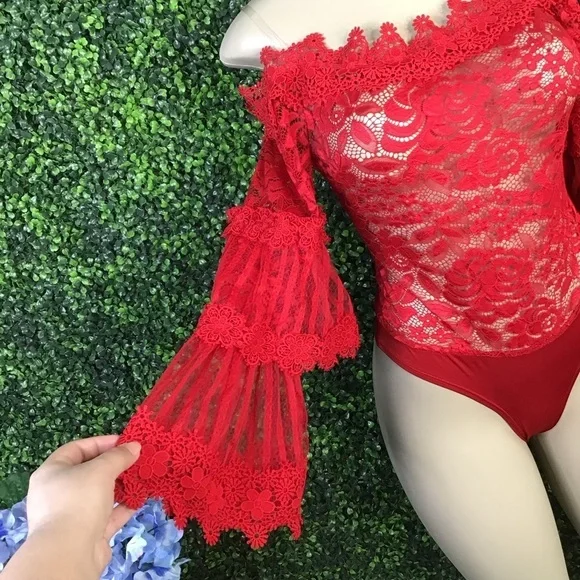 Red off shoulder bell sleeve lacey sheer bodysuit nwt - Picture 6 of 10